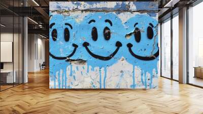 Three blue smiling faces on white textured wall with graffiti stencil art Wall mural