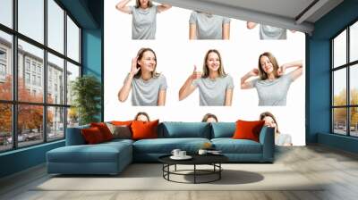 A set of images of a young girl with different emotions. White background. Collage. Square format. Wall mural