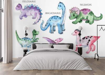 Watercolor and graphic hand painted dinosaurs Triceratops, Brachiosaurus, Stegosaurus, Pteranodon, Hypacrosaurus, Tyrannosaurus on white background Wall mural