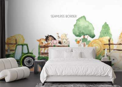 Watercolor farm village seamless border with cute little farm animals Wall mural