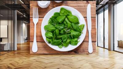 Step by step preparation of spinach salad with egg and cheese, step 2 - cleaning washing spinach for salad, top view, selective focus Wall mural