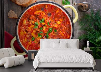 Vegetable gyuvech, a traditional dish for Moldovan, Romanian, Bulgarian cuisine, top view, selective focus Wall mural