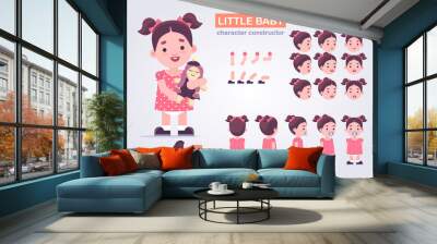 Happy little kid girl character with various views, face emotions, poses . Baby with toys: doll, teddy bear, horse.  Front, side, back view animated character Wall mural