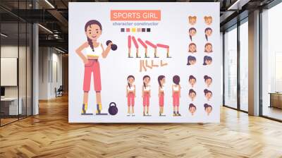 Happy ypung athletic womanl character with various views, face emotions, poses . sport. Front, side, back view animated character. Vector clip art Wall mural