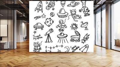 Doodle space elements. Ufo, planets and cosmonauts Vector illustration with hand drawn icons Wall mural