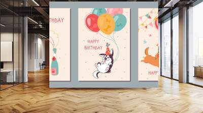 Stylish happy birthday cards with funny corgi, husky and labrador. Inflatable balls, champagne on a beige background. Vector greeting card with cute animals, print for factory textiles Wall mural