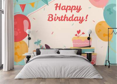 Vector postcard in cartoon style,.with a festive inscription. Happy birthday greeting card with funny corgi. Next to the puppy is a cake, multi-colored balloons, confetti on a light background. Wall mural