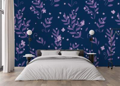 Seamless pattern background, dark blue purple background, pink magical leaves and flowers Wall mural