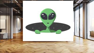 Green alien climbs out from the hole of space with stars. Extraterrestrial in flat cartoon style for t-shirt, print or textile.  Vector illustration Wall mural