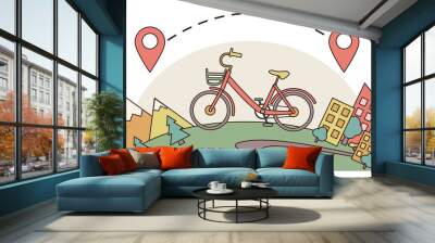 One-day bicycle ride from city outside countryside to mountains and forest along path. Walking sports bike from town to hills. Staycation. Local tourism. Vector flat cartoon illustration with stroke. Wall mural