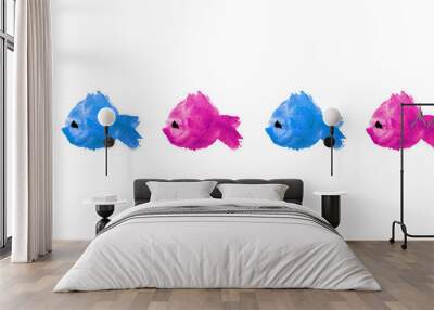 Seamless frame border pattern of watercolor blue pink purple blot stain in the form a silhouette of a fish on a white background isolated. Colorful ink of ocean sea river animals.Concept aquarium Wall mural