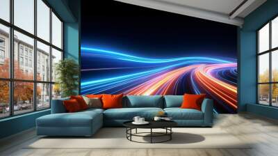 Flowing blue and orange light trails creating a digital highway loop against black background Wall mural