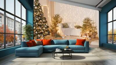 Interior bedrooms in Scandinavian style, decorated for the Christmas holidays. Live ate in the interior. Wall mural