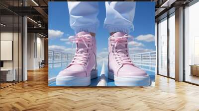 art minimal concept. legs of man in pink sneakers on background of blue sky and clouds. travel, sport and relax style Wall mural