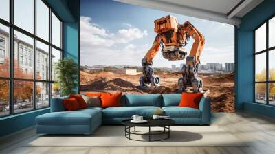 Generative AI. big robot helps at construction site. new future technology, futuristic and technology concept.  Wall mural