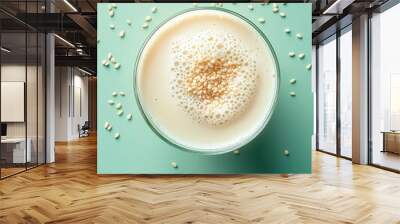 glass of sesame seeds milk on light green background. alternative, gluten free, dairy food,sustainable,  healthy vegetarian concept. Wall mural