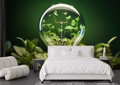 light bulb with leaves on green background. Sustainable, environmental lifestyle, renewable source, idea concept. copy space. banner Wall mural