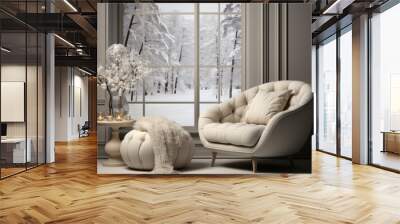 Modern interior with beige sofa and big window. house design, luxury lifestyle, relax and holiday concept. Scandinavian style. winter vacation Wall mural