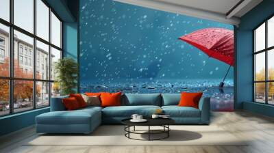 red umbrella with drops of rain on blue background. weather forecast, accessorize, weather app concept. Wall mural