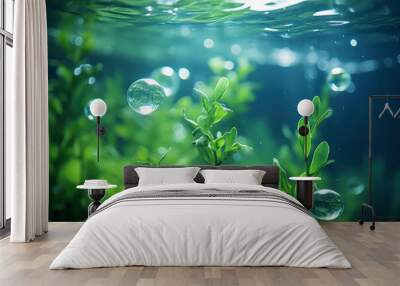 Sea life macro concept. seaweed under water in green and blue colors. cosmetic background. Mermaid core aesthetics. underwater, iridescence, nautical concept. ecology style. Wall mural