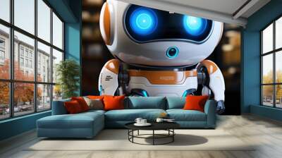 Technology development concept. One cute orange robot on blue background. Futuristic future style. Use of artificial intelligence tools. Wall mural