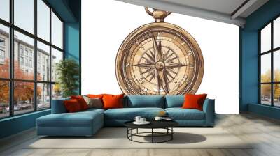 Antique compass with detailed engravings, ideal for adventure and exploration themes, flat, vector illustration, Vintage hand drawn. Wall mural