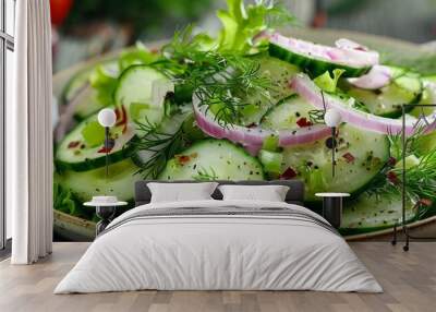 Crisp and refreshing cucumber salad with red onion and dill, 4K hyperrealistic photo Wall mural