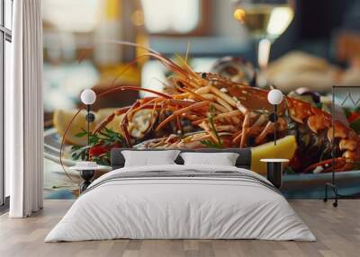 Delicious plate of seafood with lemon, 4K hyperrealistic photo Wall mural