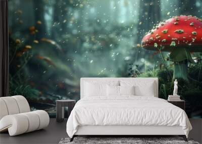 Enigmatic amanita muscaria mushroom in mystical forest, 4K hyperrealistic photo Wall mural