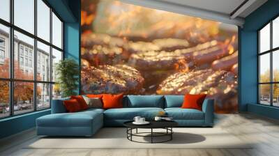 Grilling up some burgers and hot dogs at the backyard barbecue party, 4K hyperrealistic photo Wall mural