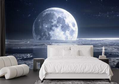 Ice-covered moon reflecting light from its planet, 4K hyperrealistic photo Wall mural