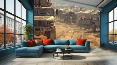 Military convoy delivering humanitarian aid to a refugee camp, 4K hyperrealistic photo Wall mural