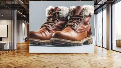 Pair of leather boots with fur lining on white background, 4K hyperrealistic photo Wall mural