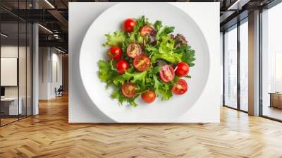 White ceramic plate with salad on white background, 4K hyperrealistic photo Wall mural