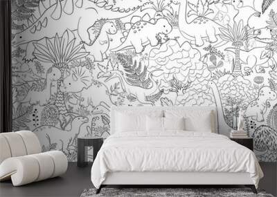 Pattern with trees and dinosaurs, coloring page Wall mural