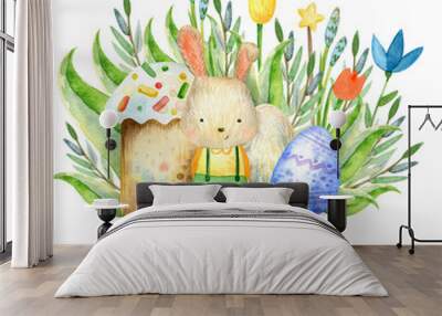 Watercolor easter composition with egg bunny flower leaves on white background Wall mural