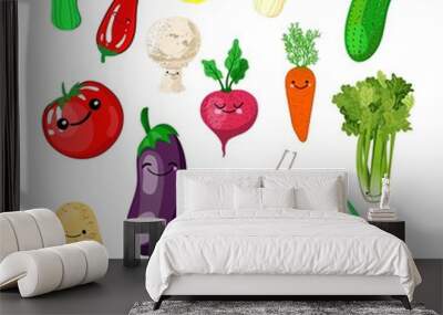 A set of kawaii stickers or patches with - vegetables - tomatoes, cucumbers, radishes, onions, pollock, eggplants, broccoli, celery, cauliflower, potatoes, beets, carrots on a white and blue backgroun Wall mural