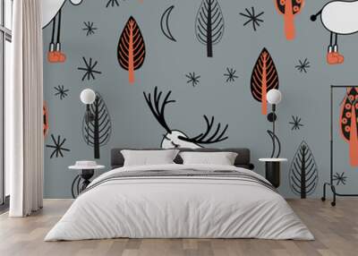 Funny children s pattern. GENTLE MODERN SEAMLESS PRINT With deer and trees Wall mural