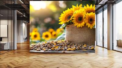 A basket of sunflowers sits on a table with a pile of seeds. Concept of warmth and happiness, as the bright yellow flowers Wall mural