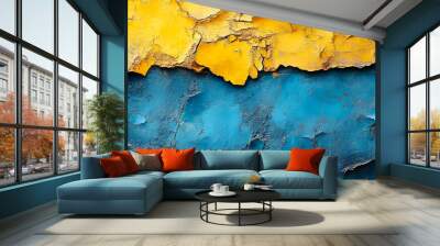 A blue and yellow wall with a crack in it. The blue and yellow wall is a representation of the contrast between the two colors Wall mural