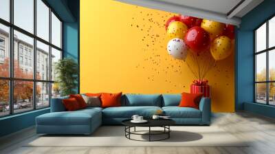 A bunch of balloons are floating in the air above a yellow background. The balloons are red and yellow, and they are surrounded by a lot of confetti. The scene is festive and celebratory Wall mural