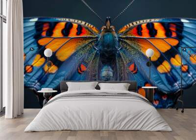 A butterfly with blue and orange wings. The butterfly is in the middle of the image Wall mural