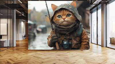 A cat is wearing a fishing outfit and holding a fishing rod. The cat is in a boat on a river Wall mural