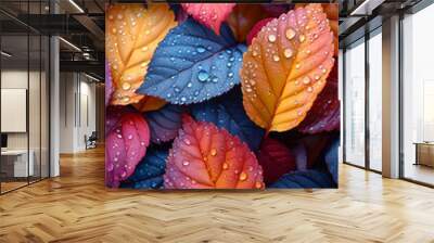 A close up of colorful leaves with water droplets on them. Concept of freshness and vitality, as the leaves are still wet from the rain. The colors of the leaves are vibrant and eye-catching Wall mural