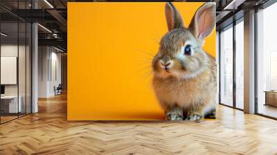 A cute little rabbit is sitting on a yellow background. The rabbit has a blue eye and is looking at the camera. The image has a warm and inviting mood, making it a pleasant sight for viewers Wall mural