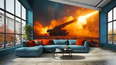 A large military tank is firing a cannon, with smoke and fire trailing behind it Wall mural