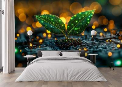 A leaf is growing on a computer chip. The leaf is surrounded by a glowing, blurry background Wall mural