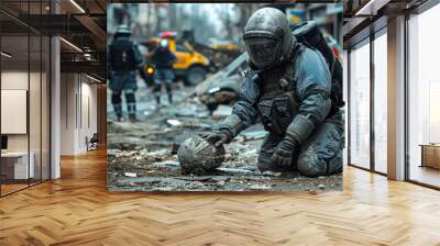 A man in a hazmat suit is kneeling down in a dirty street. He is holding a ball in his hands. The scene is chaotic and dirty, with a sense of danger and destruction Wall mural