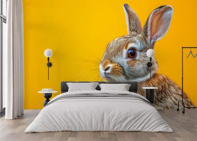 A rabbit with brown fur and a white nose is standing in front of a yellow background. The rabbit's eyes are open and it is looking directly at the camera. Concept of curiosity and playfulness Wall mural