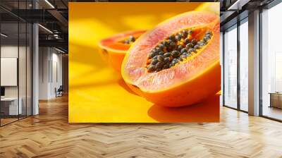 A slice of orange with a black seed in the middle. The slice is cut in half and the other half is not visible Wall mural